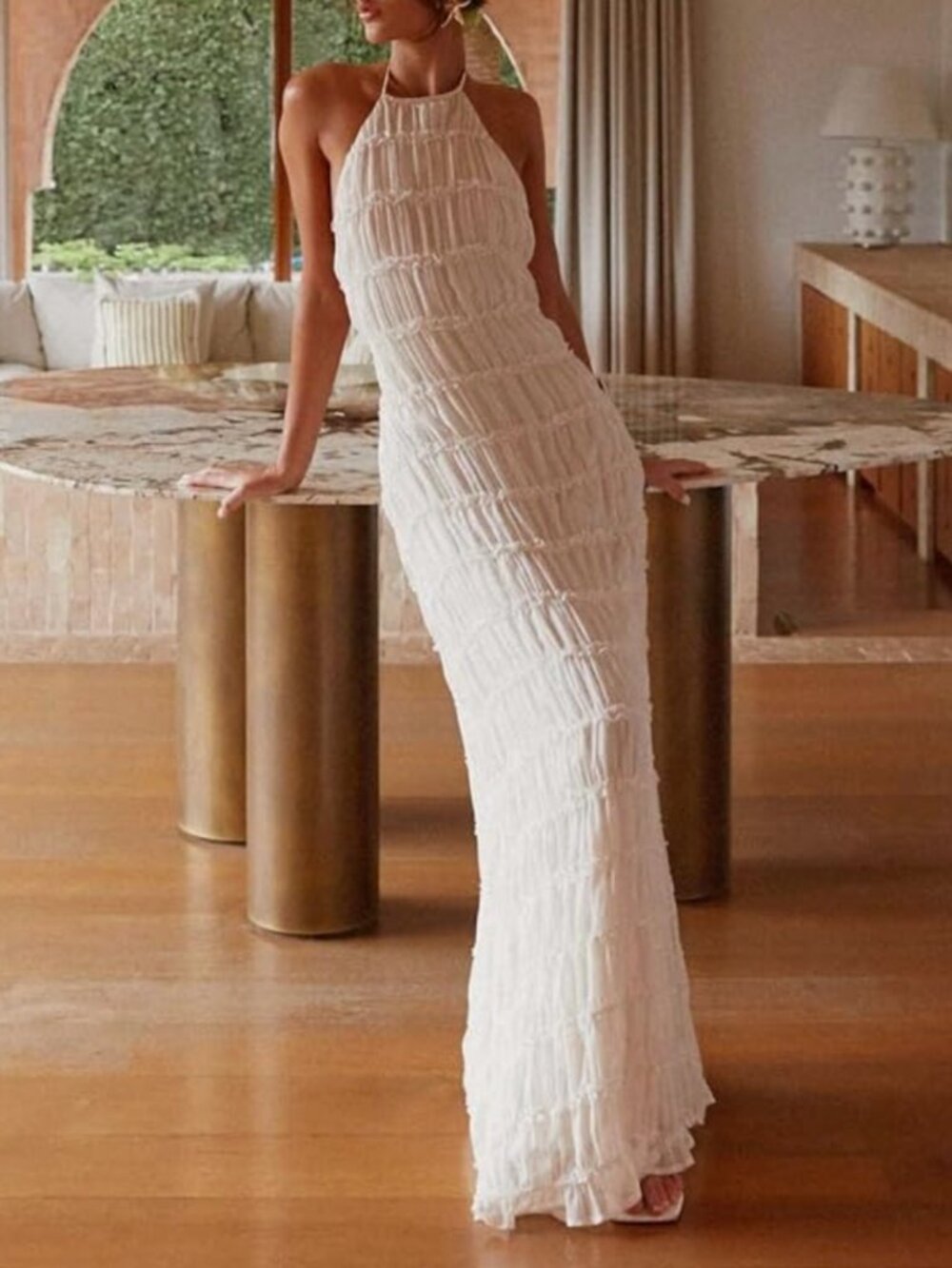 Women Halter Neck Pleated Maxi Dress Sleeveless Backless Smocked Long Dress Open